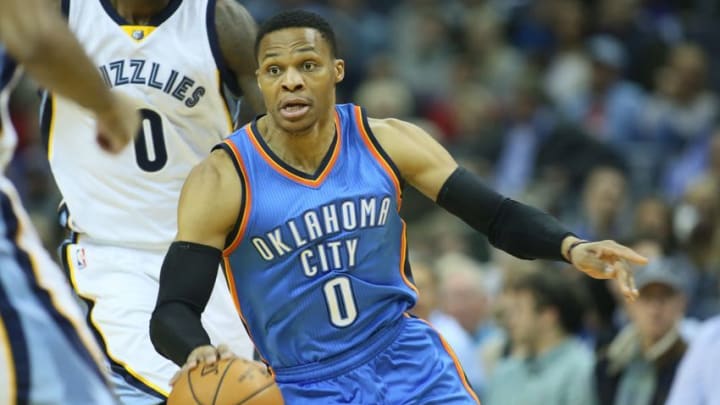 Dec 29, 2016; Memphis, TN, USA; Oklahoma City Thunder guard Russell Westbrook (0) dribbles in the first quarter against the Memphis Grizzlies at FedExForum. Mandatory Credit: Nelson Chenault-USA TODAY Sports