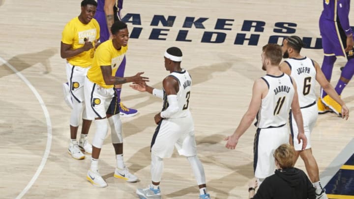 INDIANAPOLIS, IN - FEBRUARY 5: Edmond Sumner #5 and Aaron Holiday #3 of the Indiana Pacers high five during the game against the Los Angeles Lakers on February 5, 2019 at Bankers Life Fieldhouse in Indianapolis, Indiana. NOTE TO USER: User expressly acknowledges and agrees that, by downloading and/or using this photograph, user is consenting to the terms and conditions of the Getty Images License Agreement. Mandatory Copyright Notice: Copyright 2019 NBAE (Photo by Jeff Haynes/NBAE via Getty Images)