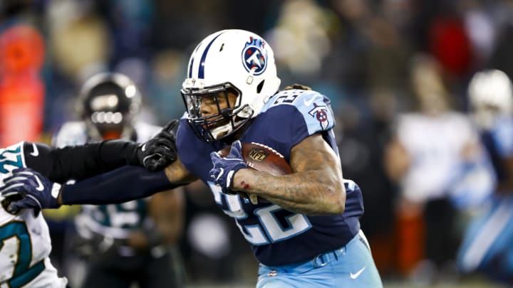 NASHVILLE, TN – DECEMBER 31: Running Back Derrick Henry #22 of the Tennessee Titans carries the ball against Corner Back Aaron Colvin #22 of the Jacksonville Jaguars at Nissan Stadium on December 31, 2017 in Nashville, Tennessee. (Photo by Wesley Hitt/Getty Images)