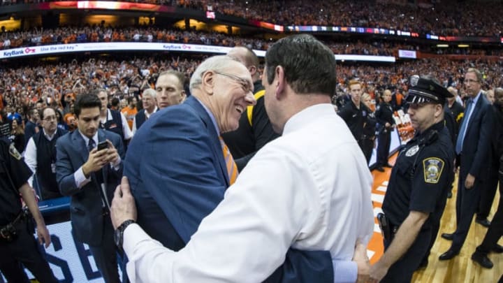 SYRACUSE, NY - FEBRUARY 22: Head coach Jim Boeheim of the Syracuse Orange and head coach Mike Krzyzewski of the Duke Blue Devils embrace after the game on February 22, 2017 at The Carrier Dome in Syracuse, New York. Syracuse upsets Duke 78-75. (Photo by Brett Carlsen/Getty Images)