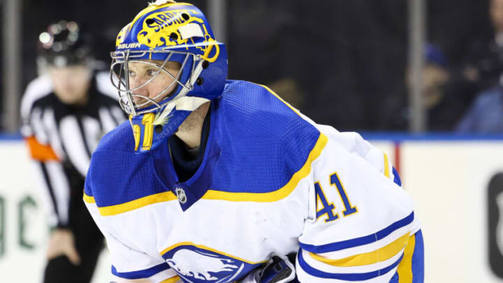 Mar 27, 2022; New York, New York, USA; Buffalo Sabres goaltender Craig Anderson (41) defends the goal against the New York Rangers at Madison Square Garden. Mandatory Credit: Jessica Alcheh-USA TODAY Sports