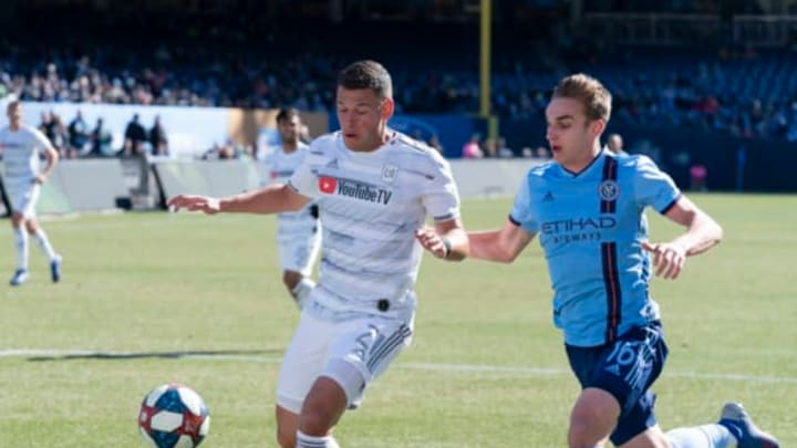 YANKEE STADIUM, NEW YORK, UNITED STATES – 2019/03/17: James Sands (16) of NYCFC and Christian Ramirez (21) of LAFC fight for ball during MLS regular game on Yankee stadium Game ended in draw 2 – 2. (Photo by Lev Radin/Pacific Press/LightRocket via Getty Images)