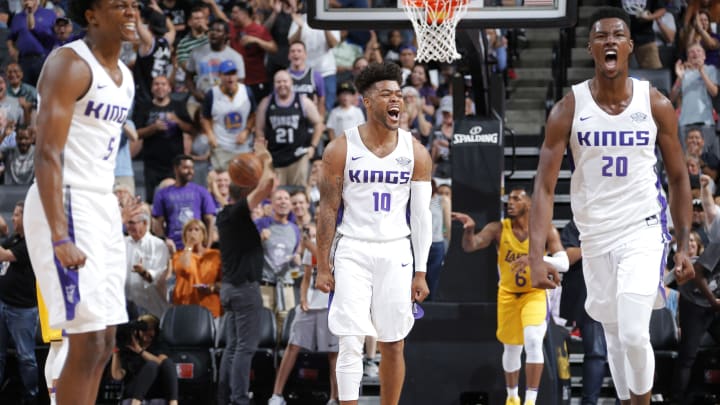 SALT LAKE CITY – JULY 2: Frank Mason III #10 of the Sacramento Kings reacts during the 2018 Summer League at the Golden 1 Center on July 2, 2018 in Sacramento, California. NOTE TO USER: User expressly acknowledges and agrees that, by downloading and or using this photograph, User is consenting to the terms and conditions of the Getty Images License Agreement. Mandatory Copyright Notice: Copyright 2018 NBAE (Photo by Rocky Widner/NBAE via Getty Images)