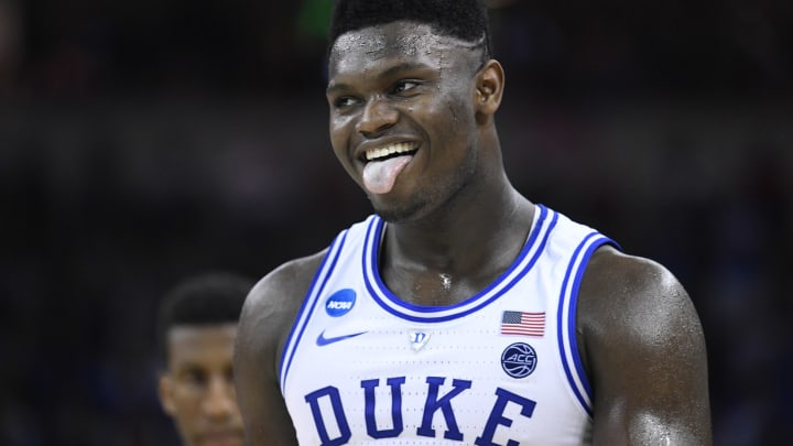 COLUMBIA, SC – MARCH 24: Zion Williamson #1 of the Duke Blue Devils reacts during their game against the UCF Knights in the second round of the 2019 NCAA Men’s Basketball Tournament held at Colonial Life Arena on March 24, 2019 in Columbia, South Carolina. (Photo by Grant Halverson/NCAA Photos via Getty Images)