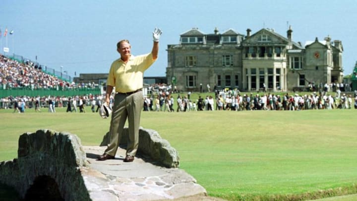 21 Jul 2000: Jack Nicklaus of the USA on the Swilken Bridge on the 18th waves to fans during Second round of the British Open Golf Championships at the Old Course, St Andrews, Scotland. Mandatory Credit: Stephen Munday/ALLSPORT