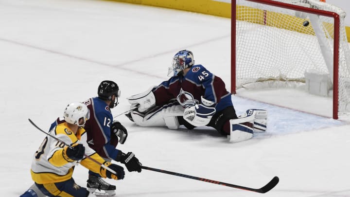 DENVER, CO – APRIL 18: Nashville Predators center Colton Sissons #10 fires a shot against Colorado Avalanche defenseman Patrik Nemeth #12 and scores on Colorado Avalanche goaltender Jonathan Bernier #45 in the second period during the fourth game of round one of the Stanley Cup Playoffs at Pepsi Center April 18, 2018. (Photo by Andy Cross/The Denver Post via Getty Images)