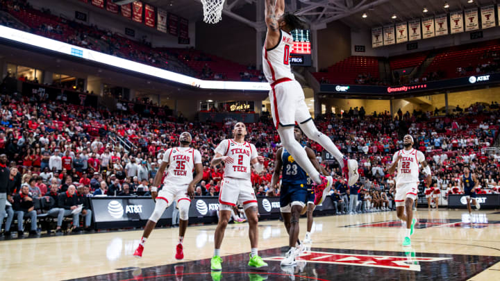 LUBBOCK, TEXAS – NOVEMBER 08: Chance McMillian #0 of the Texas Tech Red Raiders dunks the ball during the second half of the game against the Texas A&M-Commerce Lions at United Supermarkets Arena on November 08, 2023 in Lubbock, Texas. (Photo by John E. Moore III/Getty Images)