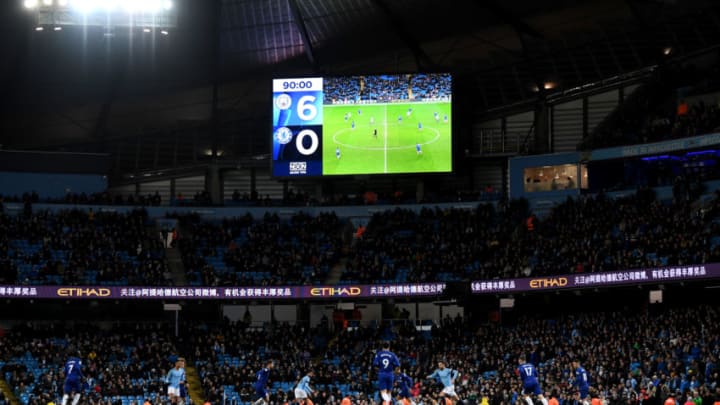 MANCHESTER, ENGLAND - FEBRUARY 10: General view of the scoreboard during the Premier League match between Manchester City and Chelsea FC at Etihad Stadium on February 10, 2019 in Manchester, United Kingdom. (Photo by Laurence Griffiths/Getty Images)