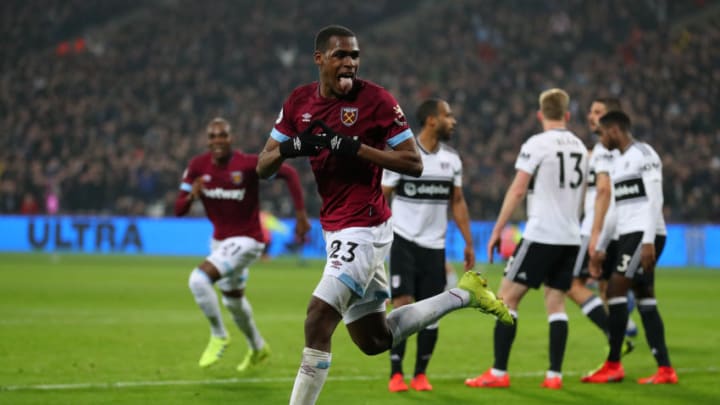 LONDON, ENGLAND - FEBRUARY 22: Issa Diop of West Ham United celebrates scoring his side's second goal during the Premier League match between West Ham United and Fulham FC at the London Stadium on February 22, 2019 in London, United Kingdom. (Photo by Catherine Ivill/Getty Images)