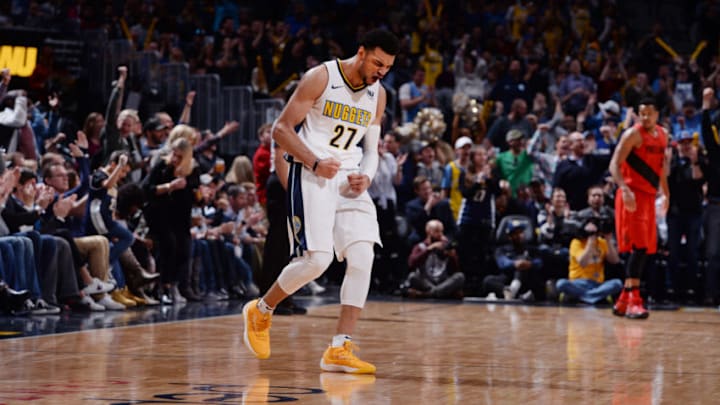 DENVER, CO - APRIL 9: Jamal Murray #27 of the Denver Nuggets reacts during the game against the Portland Trail Blazers on April 9, 2018 at the Pepsi Center in Denver, Colorado. NOTE TO USER: User expressly acknowledges and agrees that, by downloading and/or using this Photograph, user is consenting to the terms and conditions of the Getty Images License Agreement. Mandatory Copyright Notice: Copyright 2018 NBAE (Photo by Bart Young/NBAE via Getty Images)