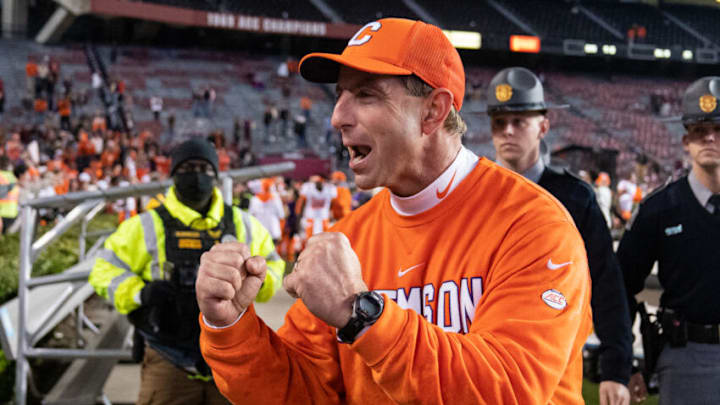 COLUMBIA, SOUTH CAROLINA - NOVEMBER 27: Head coach Dabo Swinney of the Clemson Tigers celebrates after defeating the South Carolina Gamecocks 30-0 after their game at Williams-Brice Stadium on November 27, 2021 in Columbia, South Carolina. (Photo by Jacob Kupferman/Getty Images)