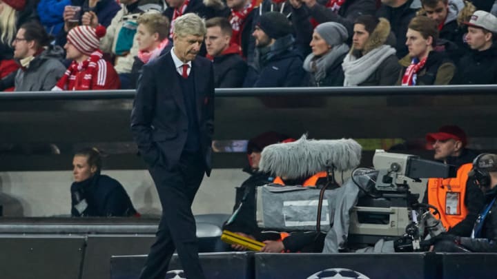 Munich, GERMANY - FEBRUARY 15: Head coach Arsene Wenger of Arsenal looks on during the UEFA Champions League Round of 16 first leg match between FC Bayern Muenchen and Arsenal FC at Allianz Arena on February 15, 2017 in Munich, Germany. (Photo by TF-Images/Getty Images)