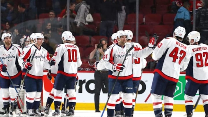 Jan 9, 2017; Montreal, Quebec, CAN; Washington Capitals players celebrate their win against Montreal Canadiens at Bell Centre. Mandatory Credit: Jean-Yves Ahern-USA TODAY Sports