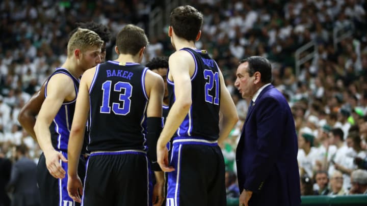 EAST LANSING, MICHIGAN - DECEMBER 03: Head coach Mike Krzyzewski of the Duke Blue Devils talks to his team during the first half while playing the Michigan State Spartans at Breslin Center on December 03, 2019 in East Lansing, Michigan. (Photo by Gregory Shamus/Getty Images)