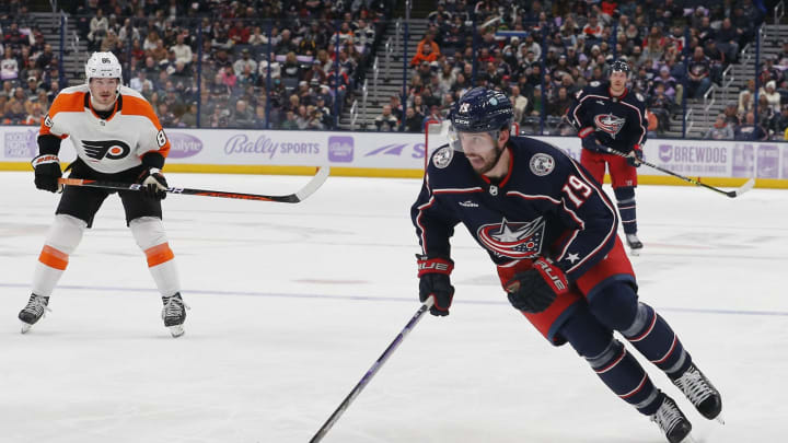 Nov 15, 2022; Columbus, Ohio, USA; Columbus Blue Jackets center Liam Foudy (19) skates with the puck during the second period against the Philadelphia Flyers at Nationwide Arena. Mandatory Credit: Russell LaBounty-USA TODAY Sports