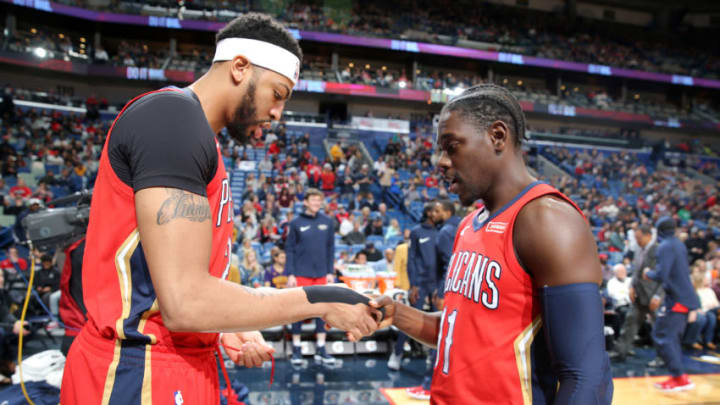 NEW ORLEANS, LA - DECEMBER 27: Anthony Davis #23 and Jrue Holiday #11 of the New Orleans Pelicans before the game against the Brooklyn Nets on December 27, 2017 at Smoothie King Center in New Orleans, Louisiana. Copyright 2017 NBAE (Photo by Layne Murdoch Jr./NBAE via Getty Images)