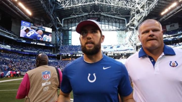 Oct 4, 2015; Indianapolis, IN, USA; Indianapolis Colts quarterback Andrew Luck (12) walks off the field after the game against the Jacksonville Jaguars at Lucas Oil Stadium. Indianapolis defeats Jacksonville 16-13 in overtime. Mandatory Credit: Brian Spurlock-USA TODAY Sports