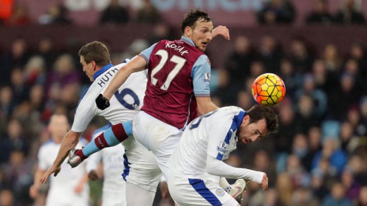 BIRMINGHAM, ENGLAND - JANUARY 16: Libor Kozak of Aston Villa and Robert Huth and Christian Fuchs of Leicester City during the Barclays Premier League match between Aston Villa and Leicester City at Vila Park on January 16, 2016 in Birmingham, England. (Photo by James Baylis - AMA/Getty Images)