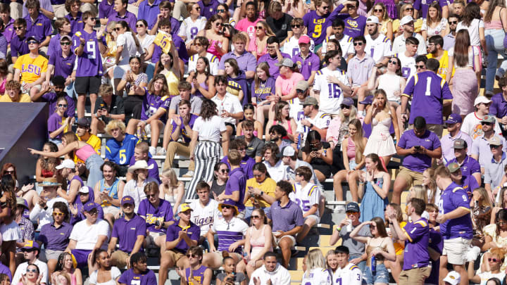 Oct 8, 2022; Baton Rouge, Louisiana, USA; LSU Tigers fans during warm ups against the Tennessee Volunteers at Tiger Stadium. Mandatory Credit: Stephen Lew-USA TODAY Sports