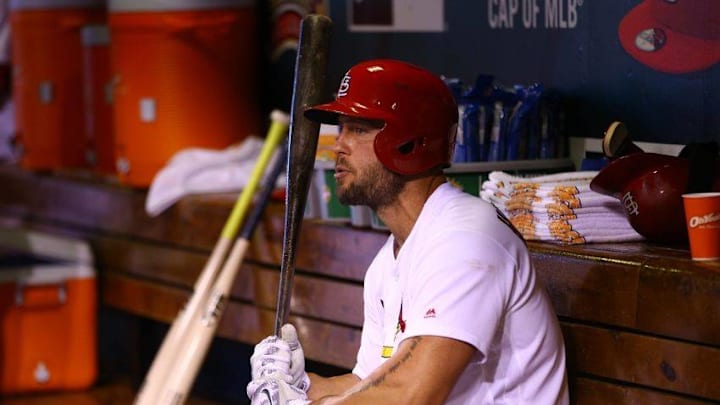 Jun 29, 2016; St. Louis, MO, USA; St. Louis Cardinals left fielder Matt Holliday (7) waits to bat in the dugout against the Kansas City Royals at Busch Stadium. Mandatory Credit: Billy Hurst-USA TODAY Sports