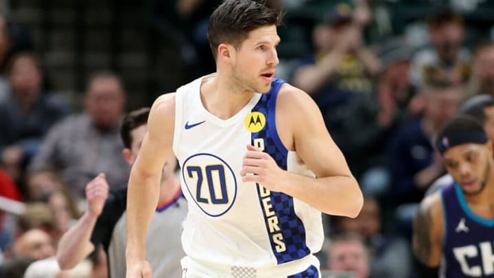 INDIANAPOLIS, INDIANA - DECEMBER 15: Doug McDermott #20 of the Indiana Pacers runs up the court in the game against the Charlotte Hornets at Bankers Life Fieldhouse on December 15, 2019 in Indianapolis, Indiana. NOTE TO USER: User expressly acknowledges and agrees that, by downloading and or using this photograph, User is consenting to the terms and conditions of the Getty Images License Agreement. (Photo by Justin Casterline/Getty Images) (Photo by Justin Casterline/Getty Images)