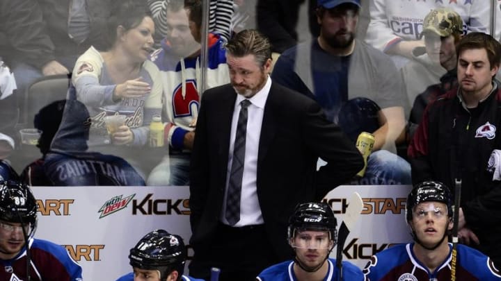 Apr 1, 2016; Denver, CO, USA; Colorado Avalanche head coach Patrick Roy on his bench in the third period against the Washington Capitals at the Pepsi Center. The Capitals defeated the Avalanche 4-2. Mandatory Credit: Ron Chenoy-USA TODAY Sports
