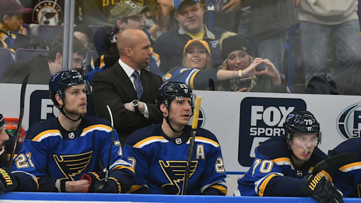 ST. LOUIS, MO - MARCH 23: St. Louis Blues head coach Mike Yeo watches his team play during a NHL game between the Vancouver Canucks and the St. Louis Blues on March 23, 2018, at Scottrade Center, St. Louis, MO. St. Louis beat Vancouver, 4-1. (Photo by Keith Gillett/Icon Sportswire via Getty Images).