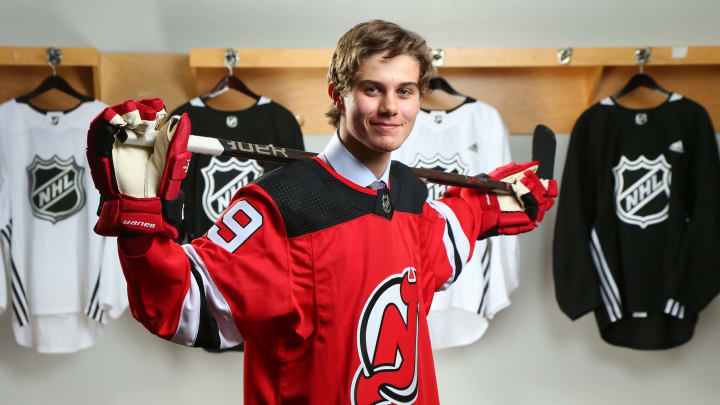 VANCOUVER, BRITISH COLUMBIA – JUNE 21: Jack Hughes, first overall pick by the New Jersey Devils, poses for a portrait during the first round of the 2019 NHL Draft at Rogers Arena on June 21, 2019 in Vancouver, Canada. (Photo by Andre Ringuette/NHLI via Getty Images)