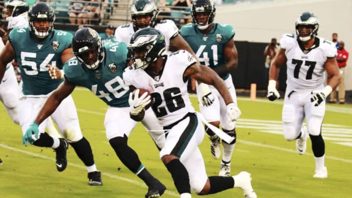 JACKSONVILLE, FLORIDA - AUGUST 15: Line Backer Leon Jacobs #48 of the Jacksonville Jaguars chases down Running Back Miles Sanders #26 of the Philadelphia Eagles in the first quarter at TIAA Bank Field on August 15, 2019 in Jacksonville, Florida. (Photo by Harry Aaron/Getty Images)