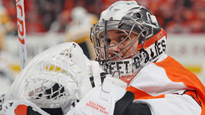 PHILADELPHIA, PA – APRIL 15: Petr Mrazek #34 of the Philadelphia Flyers looks on during warm-ups against the Pittsburgh Penguins in Game Three of the Eastern Conference First Round during the 2018 NHL Stanley Cup Playoffs at the Wells Fargo Center on April 15, 2018 in Philadelphia, Pennsylvania. (Photo by Len Redkoles/NHLI via Getty Images)