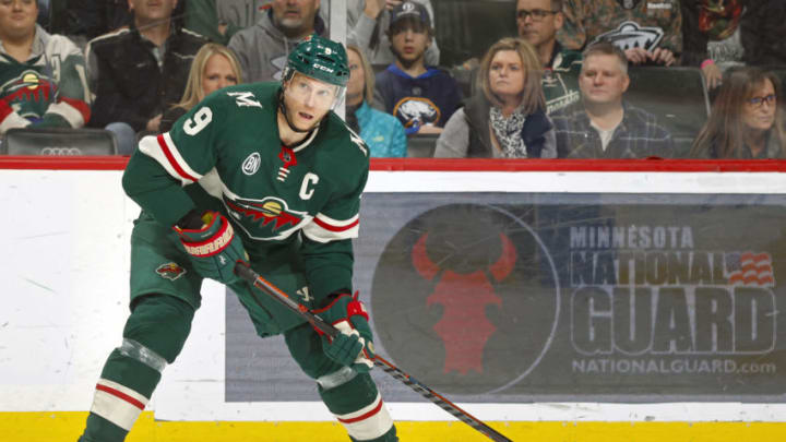 ST. PAUL, MN - NOVEMBER 17: Mikko Koivu #9 of the Minnesota Wild looks to pass during a game with the Buffalo Sabres at Xcel Energy Center on November 17, 2018 in St. Paul, Minnesota. The Sabres defeated the Wild 3-2.(Photo by Bruce Kluckhohn/NHLI via Getty Images)