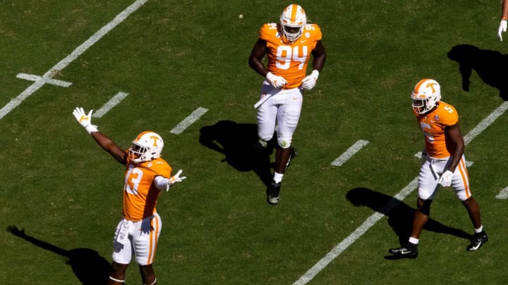 Tennessee linebacker Deandre Johnson (13) celebrates a sack he made during a SEC conference football game between the Tennessee Volunteers and the Missouri Tigers held at Neyland Stadium in Knoxville, Tenn., on Saturday, October 3, 2020.Kns Ut Football Missouri Bp