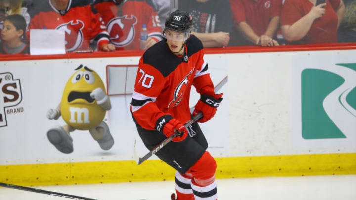 NEWARK, NJ - JULY 14: New Jersey Devils forward Nikita Popugaev (70) Skates during the New Jersey Devils Development Camp Red and White Scrimmage on July13, 2019 at the Prudential Center in Newark, NJ. (Photo by Rich Graessle/Icon Sportswire via Getty Images)