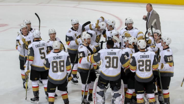 WINNIPEG, MB – FEBRUARY 1: Vegas Golden Knights players celebrate following a 3-2 overtime victory over the Winnipeg Jets at the Bell MTS Place on February 1, 2018, in Winnipeg, Manitoba, Canada. (Photo by Jonathan Kozub/NHLI via Getty Images)