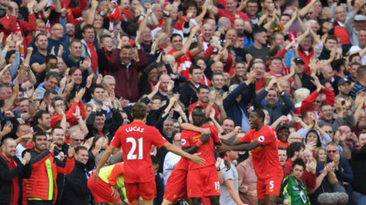 LIVERPOOL, ENGLAND – SEPTEMBER 10: Sadio Mane of Liverpool celebrates scoring his sides second goal with team mates during the Premier League match between Liverpool and Leicester City at Anfield on September 10, 2016 in Liverpool, England. (Photo by Michael Regan/Getty Images)