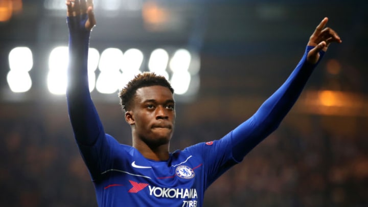 LONDON, ENGLAND - FEBRUARY 21: Callum Hudson-Odoi of Chelsea celebrates after he scores his sides third goal during the UEFA Europa League Round of 32 Second Leg match between Chelsea and Malmo FF at Stamford Bridge on February 21, 2019 in London, England. (Photo by Julian Finney/Getty Images)