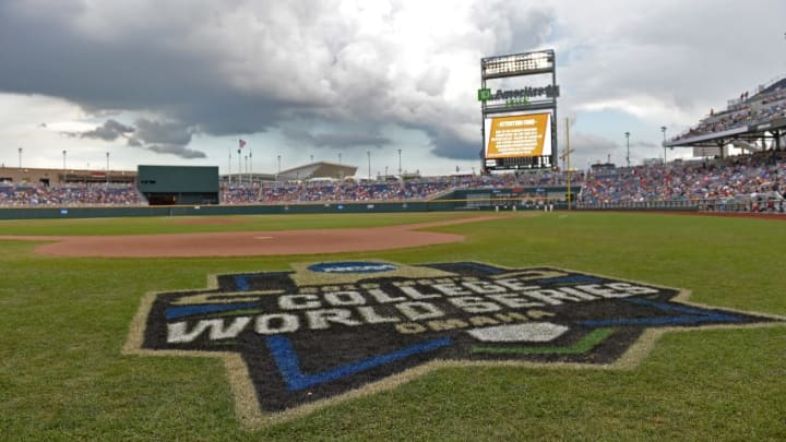 Omaha, NE - JUNE 29: Game three of the College World Series Championship Series between the Arizona Wildcats and the Coastal Carolina Chanticleers is under a weather delay on June 29, 2016 at TD Ameritrade Park in Omaha, Nebraska. (Photo by Peter Aiken/Getty Images)