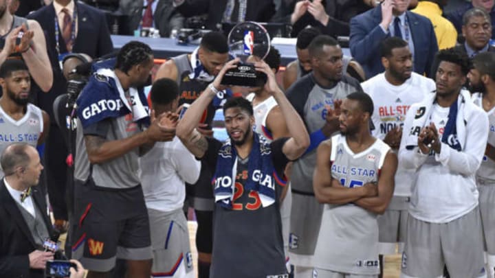 NEW ORLEANS – FEBRUARY 19: Anthony Davis #23 of the Western Conference All-Star Team holds up the MVP trophy after the 2017 NBA All-Star Game on February 19, 2017 at the Smoothie King Center in New Orleans, Louisiana. NOTE TO USER: User expressly acknowledges and agrees that, by downloading and/or using this photograph, user is consenting to the terms and conditions of the Getty Images License Agreement. Mandatory Copyright Notice: Copyright 2017 NBAE (Photo by Bill Baptist/NBAE via Getty Images)