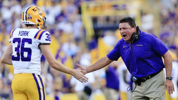 BATON ROUGE, LOUISIANA - AUGUST 31: Head coach Ed Orgeron of the LSU Tigers reacts on the sidelines during the game against Georgia Southern Eagles at Tiger Stadium on August 31, 2019 in Baton Rouge, Louisiana. (Photo by Marianna Massey/Getty Images)