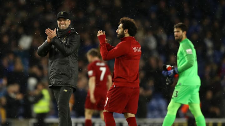 BRIGHTON, ENGLAND - JANUARY 12: Jurgen Klopp, Manager of Liverpool and Mohamed Salah of Liverpool show appreciation to the fans following their sides victory in the Premier League match between Brighton & Hove Albion and Liverpool FC at American Express Community Stadium on January 12, 2019 in Brighton, United Kingdom. (Photo by Bryn Lennon/Getty Images)