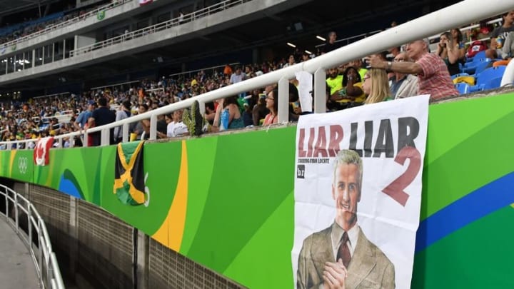 Aug 18, 2016; Rio de Janeiro, Brazil; A poster of Ryan Lochte (USA) hangs from the rails during a track and field event at Estadio Olimpico Joao Havelange during the Rio 2016 Olympic Summer Games. Mandatory Credit: John David Mercer-USA TODAY Sports