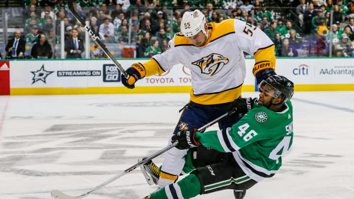 DALLAS, TX – DECEMBER 05: Nashville Predators left wing Cody McLeod (55) checks Dallas Stars center Gemel Smith (46) to the ice during the game between the Dallas Stars and the Nashville Predators on Tuesday 05, 2017 at the American Airlines Center in Dallas, Texas. Nashville beats Dallas 5-2. (Photo by Matthew Pearce/Icon Sportswire via Getty Images)