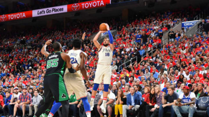 PHILADELPHIA, PA – MAY 7: Marco Belinelli #18 of the Philadelphia 76ers shoots the ball against the Boston Celtics during Game Four of the Eastern Conference Semifinals of the 2018 NBA Playoffs on May 5, 2018 at Wells Fargo Center in Philadelphia, Pennsylvania. NOTE TO USER: User expressly acknowledges and agrees that, by downloading and or using this photograph, User is consenting to the terms and conditions of the Getty Images License Agreement. Mandatory Copyright Notice: Copyright 2018 NBAE (Photo by Jesse D. Garrabrant/NBAE via Getty Images)