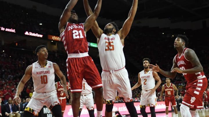 Jan 10, 2017; College Park, MD, USA; Maryland Terrapins forward Damonte Dodd (35) blocks Indiana Hoosiers forward Freddie McSwain Jr. (21) shot during the first half at Xfinity Center. Mandatory Credit: Tommy Gilligan-USA TODAY Sports