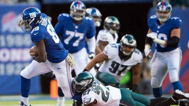 Nov 6, 2016; East Rutherford, NJ, USA; Philadelphia Eagles strong safety Malcolm Jenkins (27) tackles New York Giants tight end Jerell Adams (89) after a catch during the second half at MetLife Stadium. The New York Giants defeat the Philadelphia Eagles 28-23. Mandatory Credit: William Hauser-USA TODAY Sports