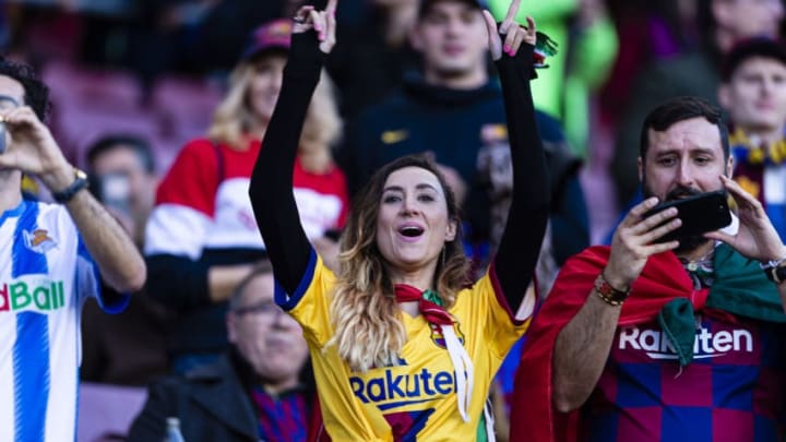 BARCELONA, SPAIN - MARCH 07: A FC Barcelona supporter having fun during the Liga match between FC Barcelona and Real Sociedad at Camp Nou on March 7, 2020 in Barcelona, Spain. (Photo by Claudio Chaves/Eurasia Sport Images/Getty Images)