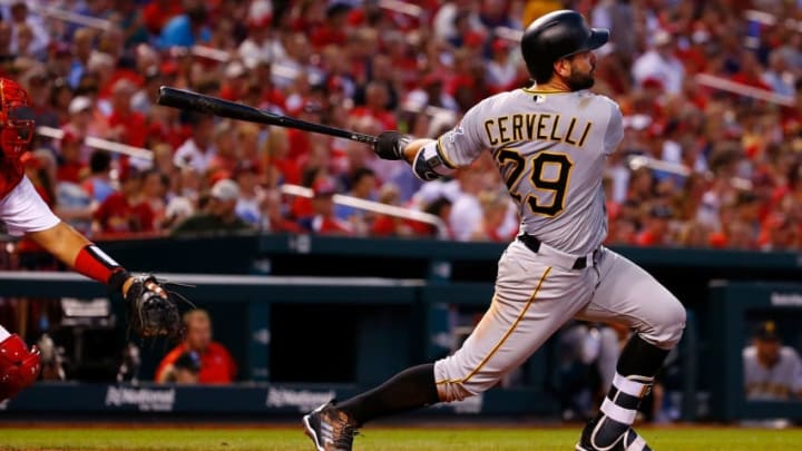 ST. LOUIS, MO - JUNE 1: Francisco Cervelli #29 of the Pittsburgh Pirates hits an RBI triple against the St. Louis Cardinals in the fifth inning at Busch Stadium on June 1, 2018 in St. Louis, Missouri. (Photo by Dilip Vishwanat/Getty Images)