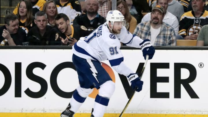 BOSTON, MA - MAY 02: Tampa Bay Lightning center Steven Stamkos (91) passes the puck during Game 3 of the Second Round between the Boston Bruins and the Tampa Bay Lightning on May 2, 2018, at TD Garden in Boston, Massachusetts. The Lightning defeated the Bruins 4-1. (Photo by Fred Kfoury III/Icon Sportswire via Getty Images)