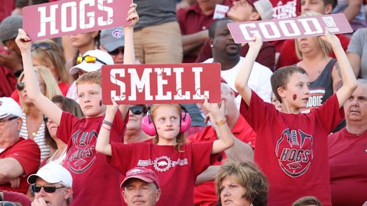 Sep 3, 2016; Fayetteville, AR, USA; Arkansas Razorbacks fans during the game against the Louisiana Tech Bulldogs at Donald W. Reynolds Razorback Stadium. Arkansas defeated Louisiana Tech 21-20. Mandatory Credit: Nelson Chenault-USA TODAY Sports