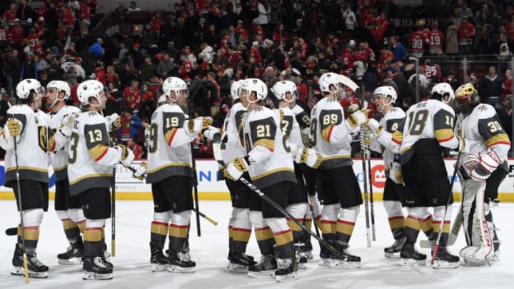 CHICAGO, IL - JANUARY 05: The Vegas Golden Knights celebrate after defeating the Chicago Blackhawks 5-4 at the United Center on January 5, 2018 in Chicago, Illinois. (Photo by Bill Smith/NHLI via Getty Images)